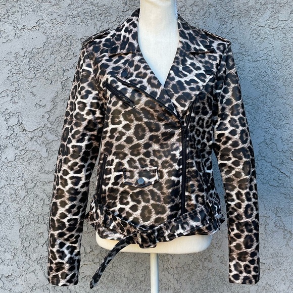 Pleather Jacket Animal Print Moto Leopard Medium - Picture 2 of 13